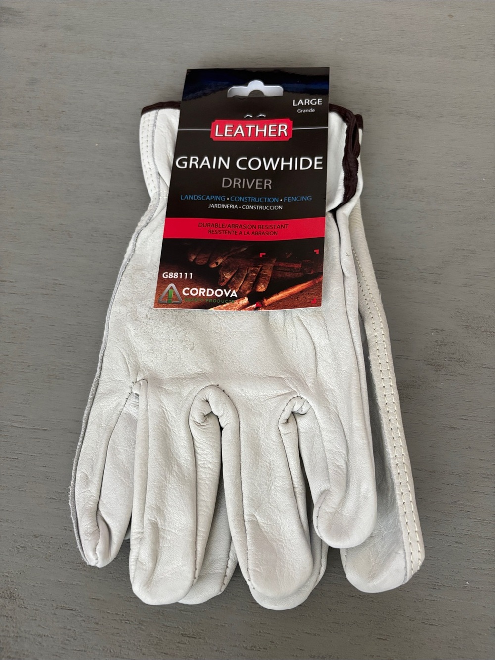 Leather Grain Cowhide Driver Gloves - White, Large